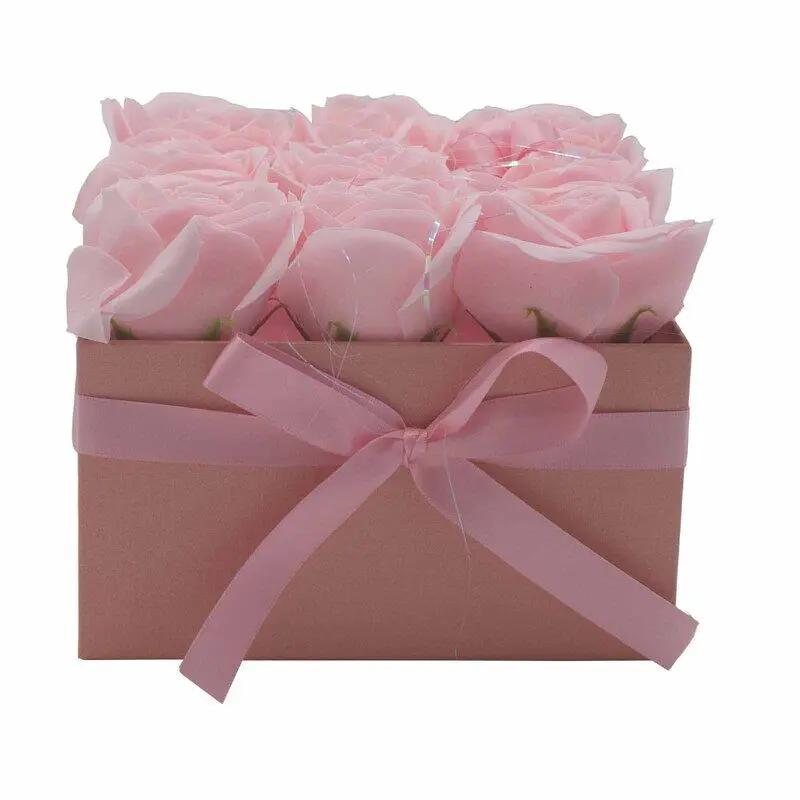 Caixa Bouquet de Flores de Sabão - 9 Rosas Rosa em Caixa Quadrada - Hoc Sensu