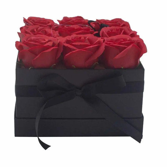 Caixa Bouquet de Flores de Sabão - 9 Rosas Vermelhas em Caixa Quadrada - Hoc Sensu