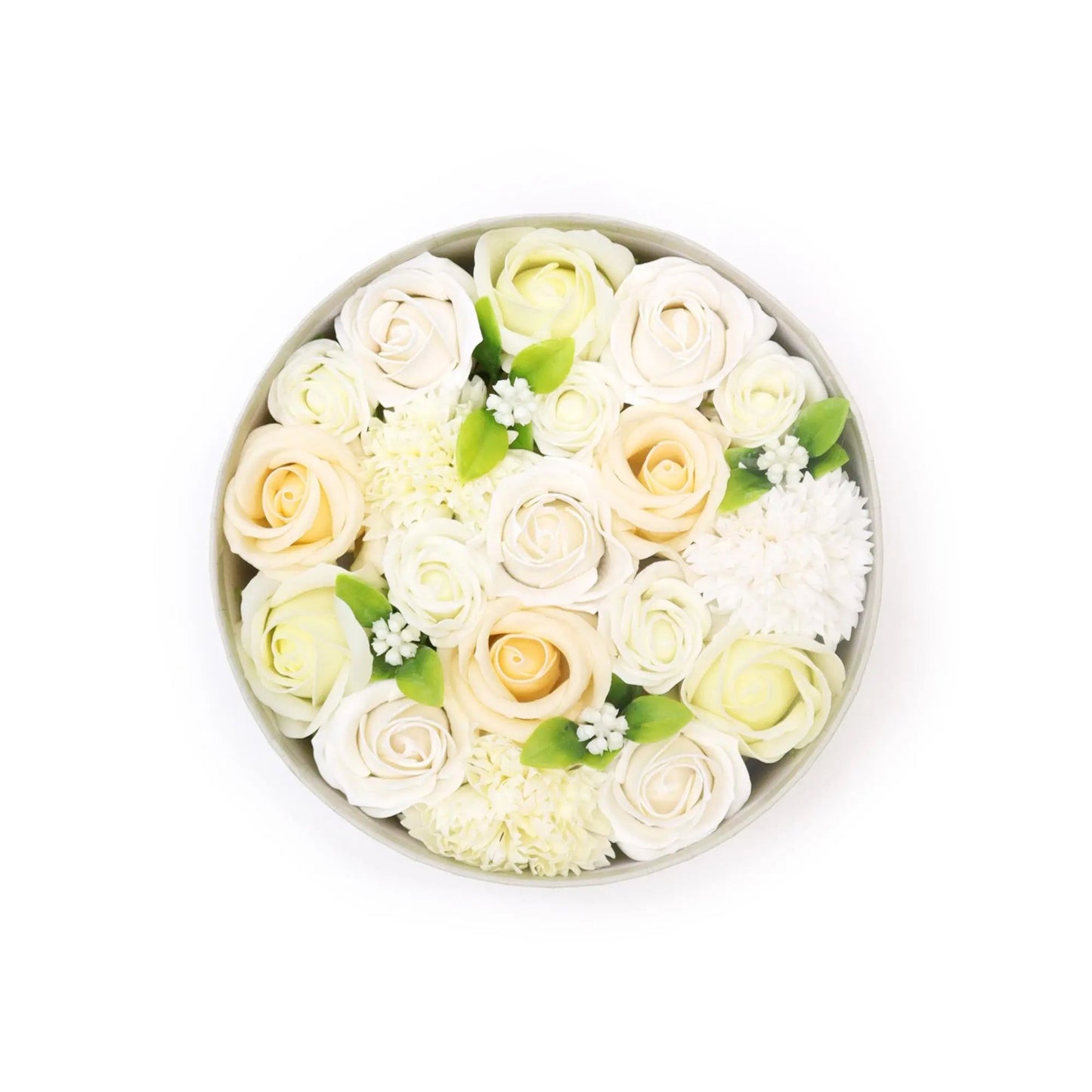 Caixa Redonda - Flores de Sabão - Bênção de Casamento - Branco e Marfim - Hoc Sensu