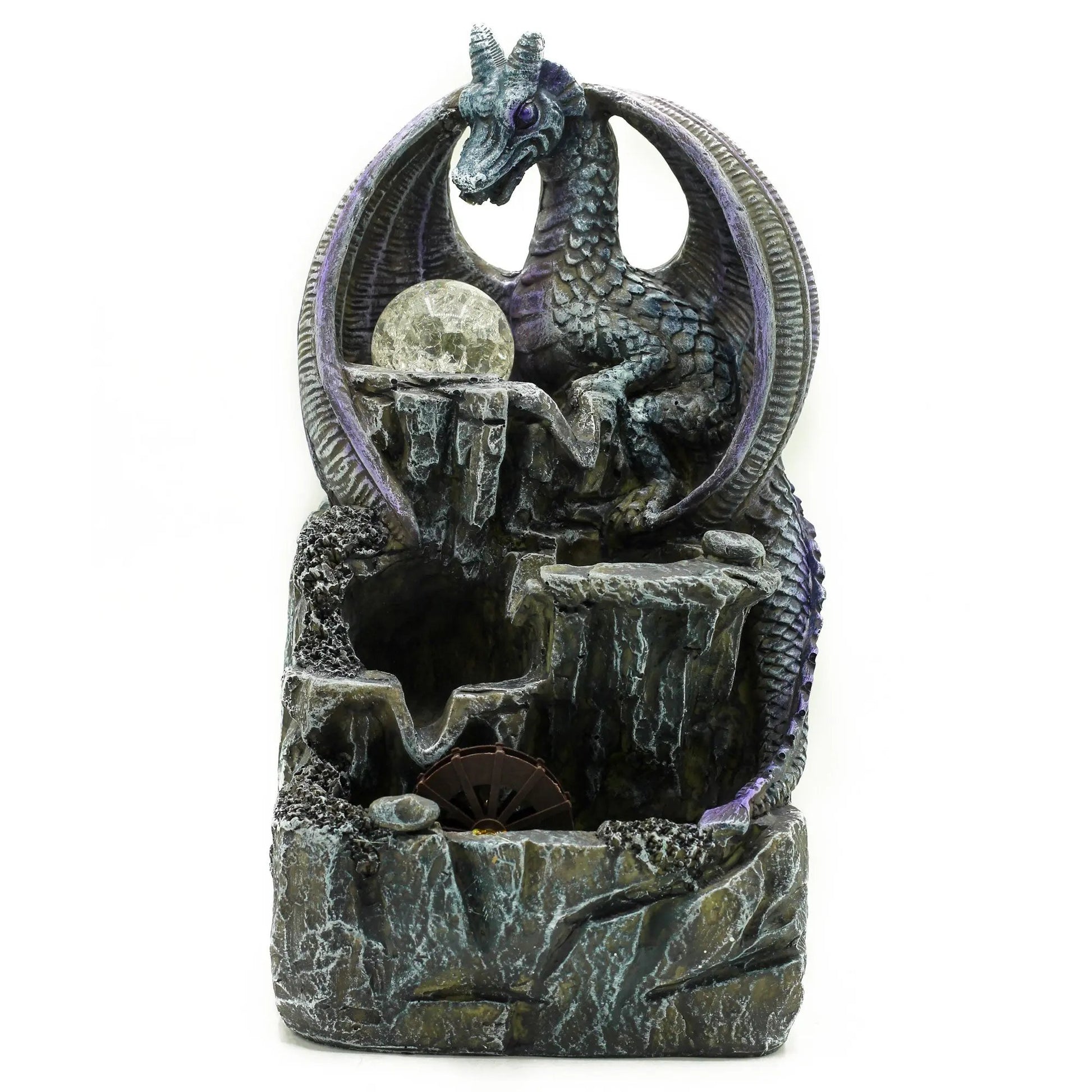 Fonte de Água Interior - Dragão, Bola de Cristal e Roda d'Água - 35 cm - Hoc Sensu