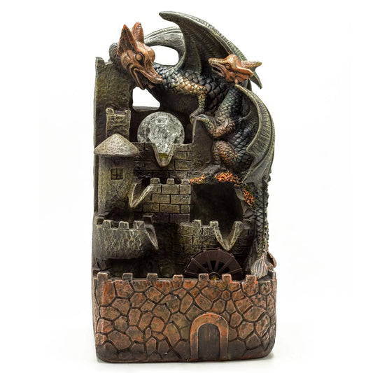 Fonte de Água Interior - Dragões, Bola de Vidro e Roda d'Água - 35 cm - Hoc Sensu