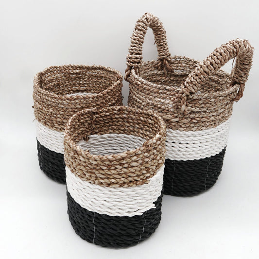 Conjunto de 3 Cestas de Algas Marinhas - Cinzento Escuro/Branco/Natural