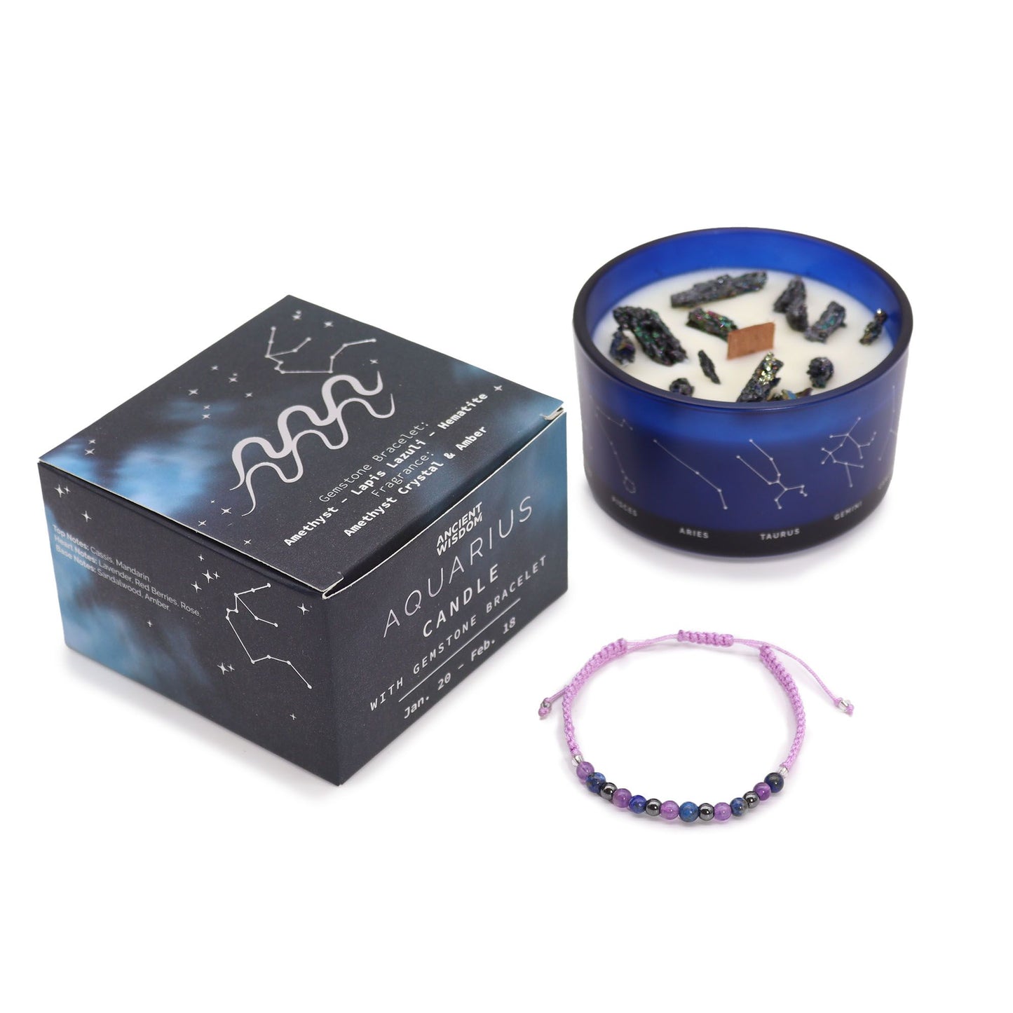 Vela Zodíaco Aquário com Pulseira de Cristais | Hoc Sensu
