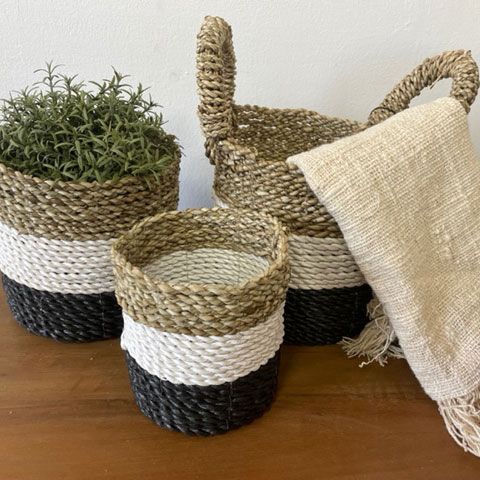 Conjunto de 3 Cestas de Algas Marinhas - Cinzento Escuro/Branco/Natural