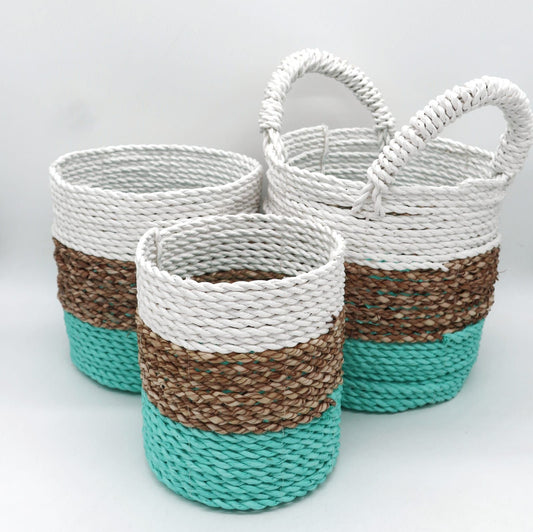 Conjunto de 3 Cestas de Algas Marinhas - Verde/Natural/Branco