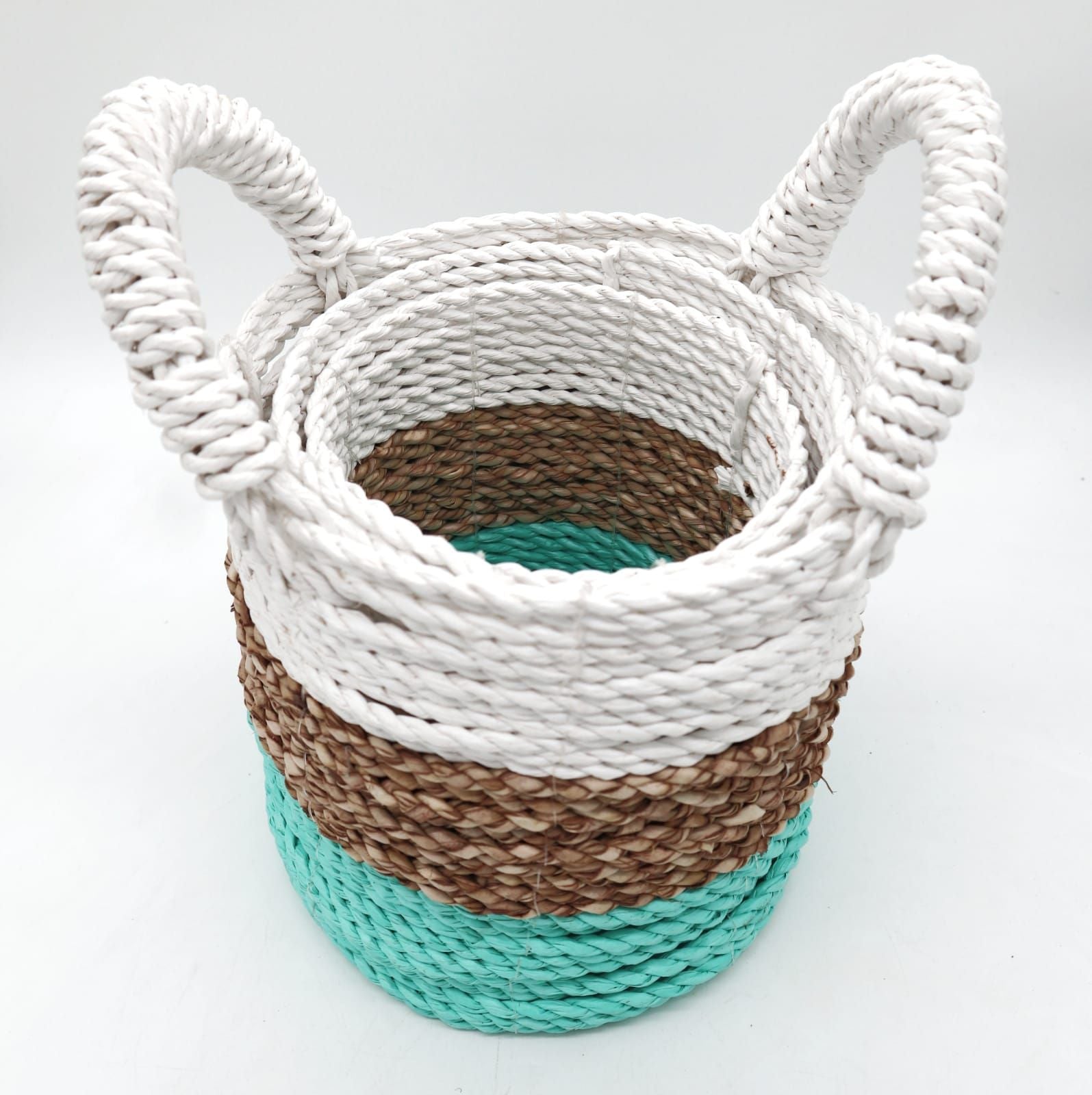 Conjunto de 3 Cestas de Algas Marinhas - Verde/Natural/Branco